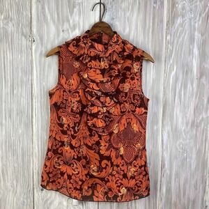 Anna Sui Sheer Tank Top High Neck Ruffle Band Collar Metallic Size S Orange Gold